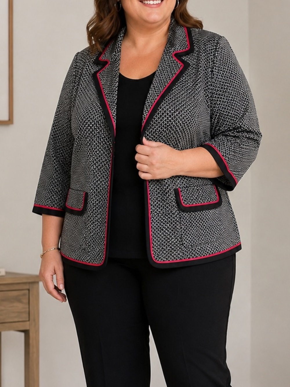 Sag Harbor 20W Black White Textured Open Front Blazer Jacket Red Trim Plus Size